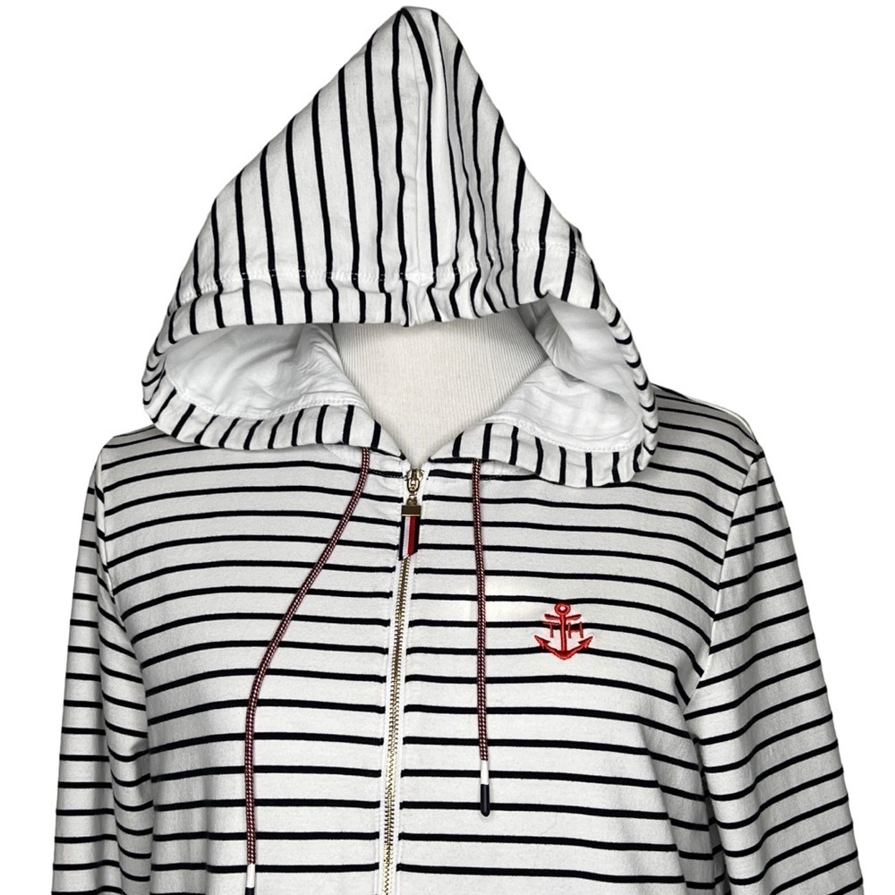 Tommy Hilfiger Women’s Patriotic Striped Long Roll Tab Sleeve 1/4 Zip Hoodie Med - Picture 8 of 14